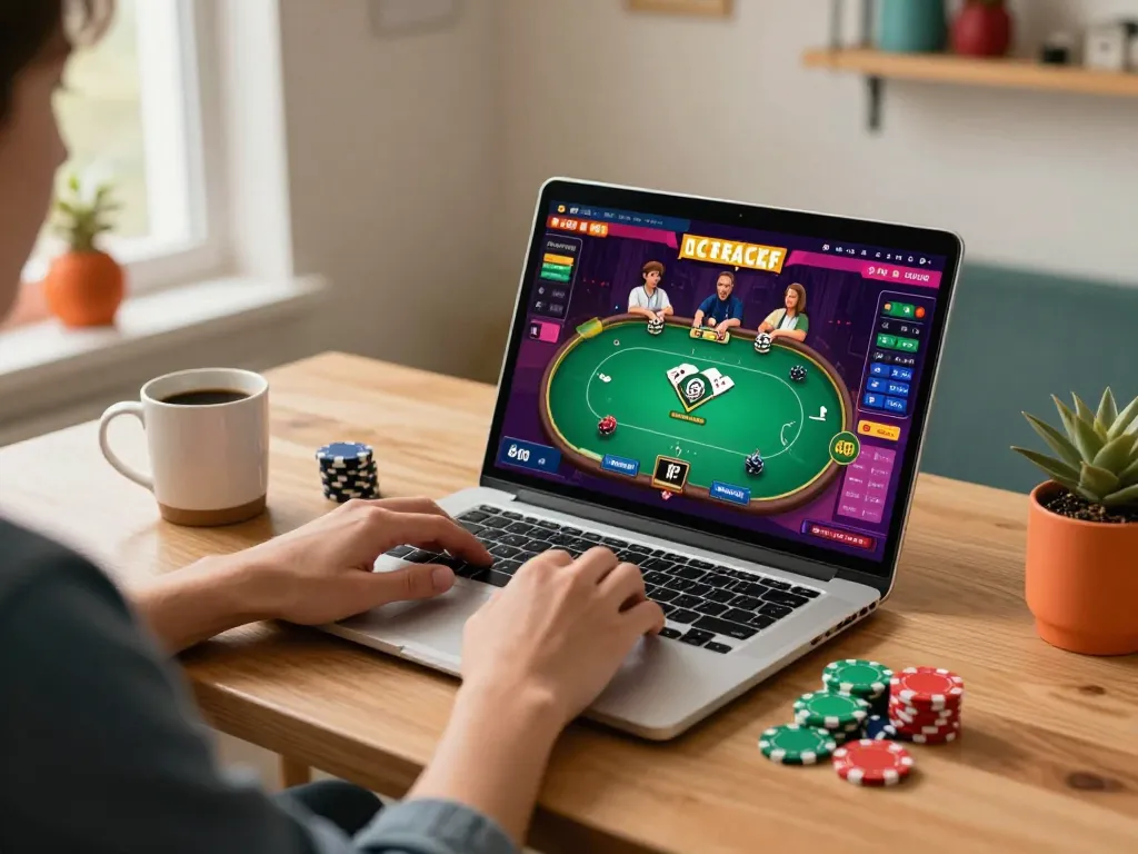 Engaging in online gaming with SHBET on a laptop, cozy home setup featuring poker chips.