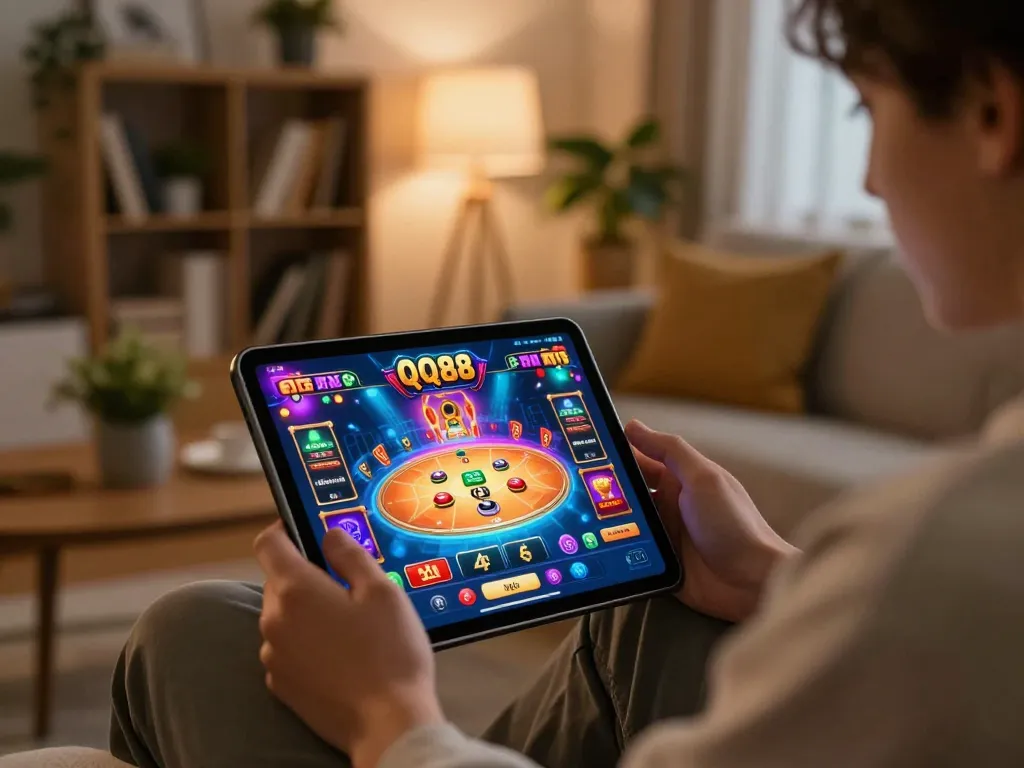Engaging gameplay on QQ88 casino app displayed on tablet in cozy living room setting