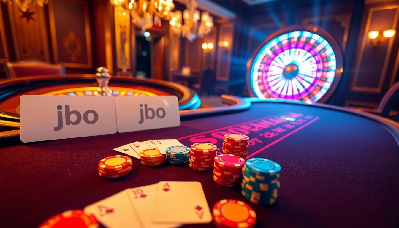 Experience the excitement of gambling at JBO with a luxurious casino table filled with colorful poker chips and cards.