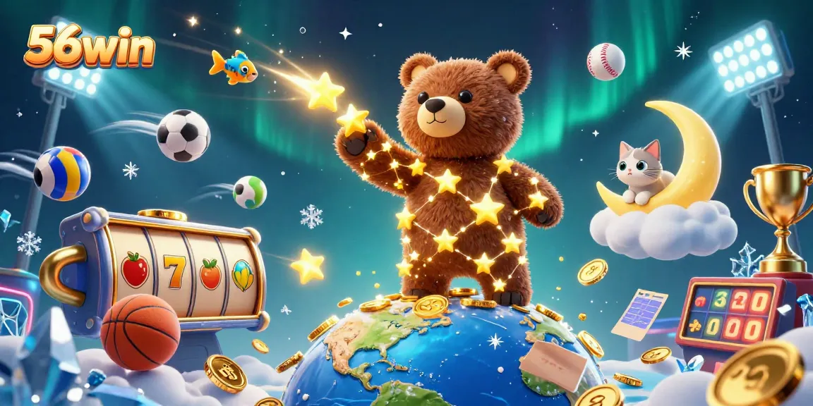 Engage with 56win's vibrant casino world featuring a constellation bear and dynamic game elements.