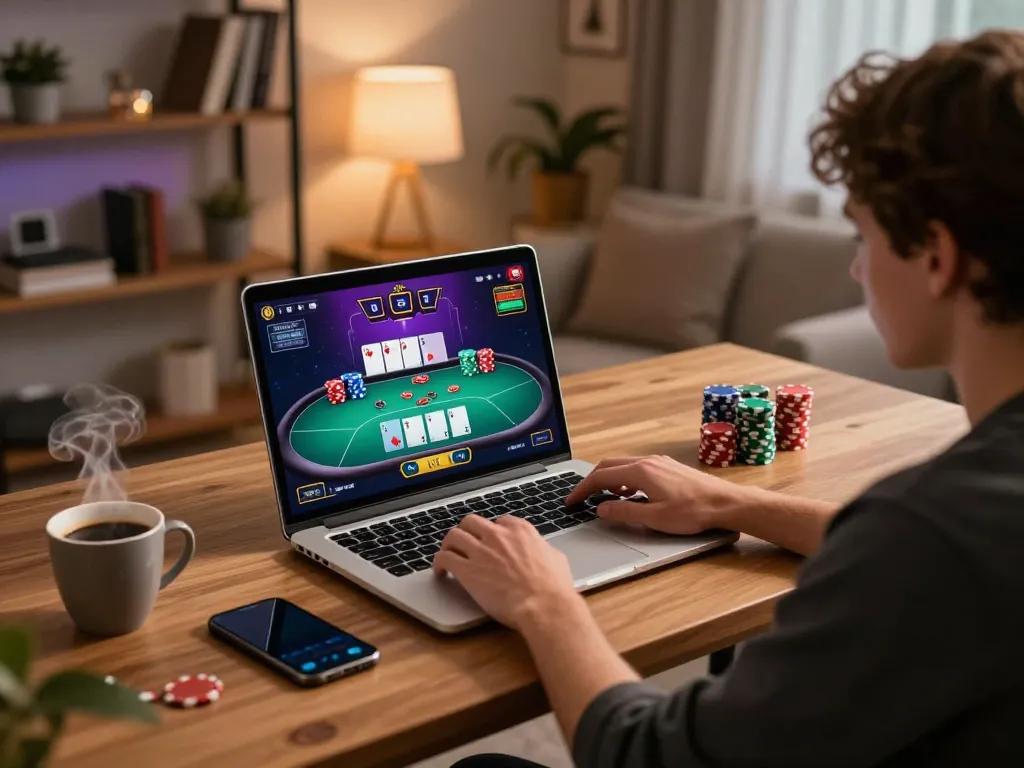 Vin88 đăng nhập on a laptop at home reveals online poker in interactive gameplay.