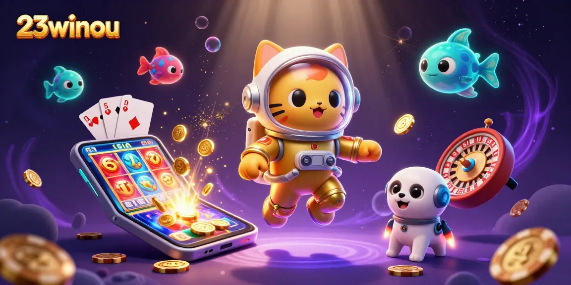 Astronaut cat and robot dog enjoying vibrant casino adventure in space, showcasing 23winou fun