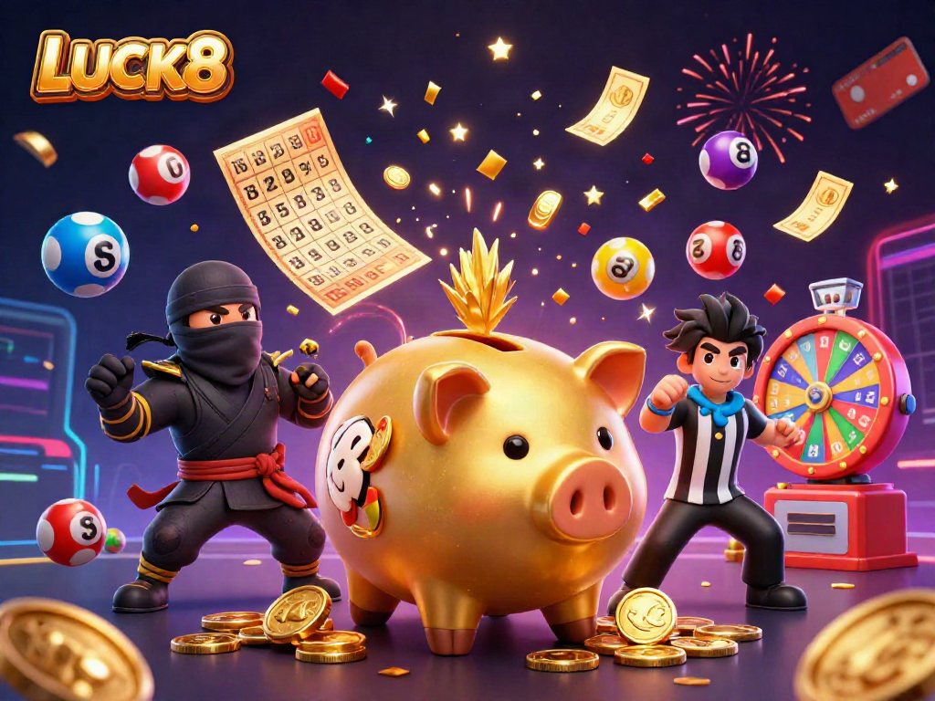 LUCK8: Hình ảnh một võ sĩ sumo heo vàng với đống tiền thắng lớn và những quả bóng xổ số lung linh.