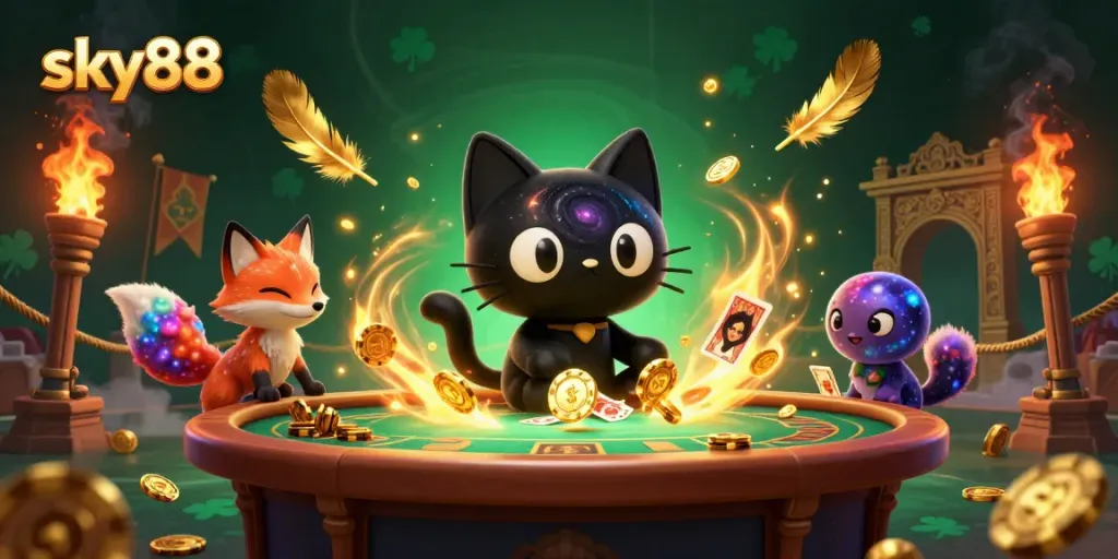 Experience sky88 with a captivating cosmic casino scene featuring a black hole cat and a nebula fox.
