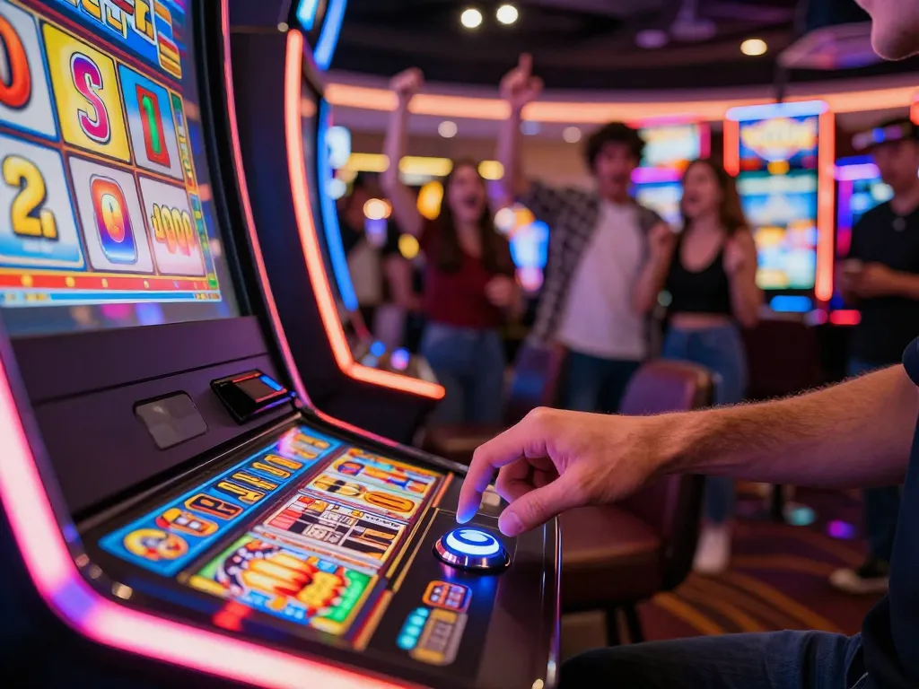 Player engaging with a vibrant slot machine at a casino, showcasing thrilling action associated with sc88bn gameplay