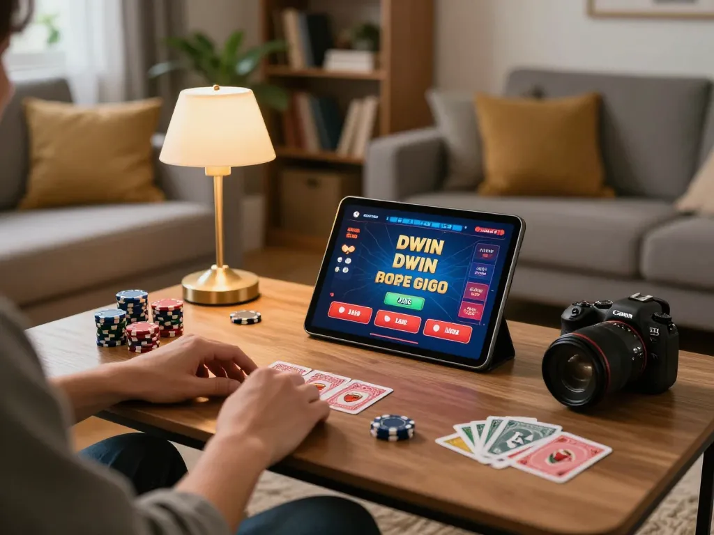 Dwin interacts dynamically with users through an engaging online casino setup at home.