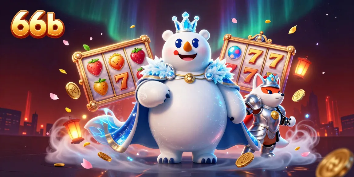 Engage with immersive gaming at 66b featuring a polar bear king and snow fox amid a vibrant casino atmosphere.
