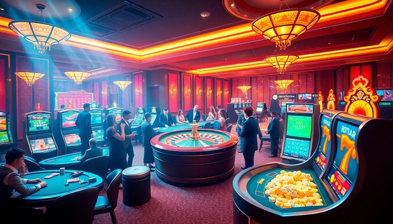 Engaging scene at https://nk88net.com/ featuring ecstatic players at roulette wheel, vibrant casino tables, and modern gambling interfaces.
