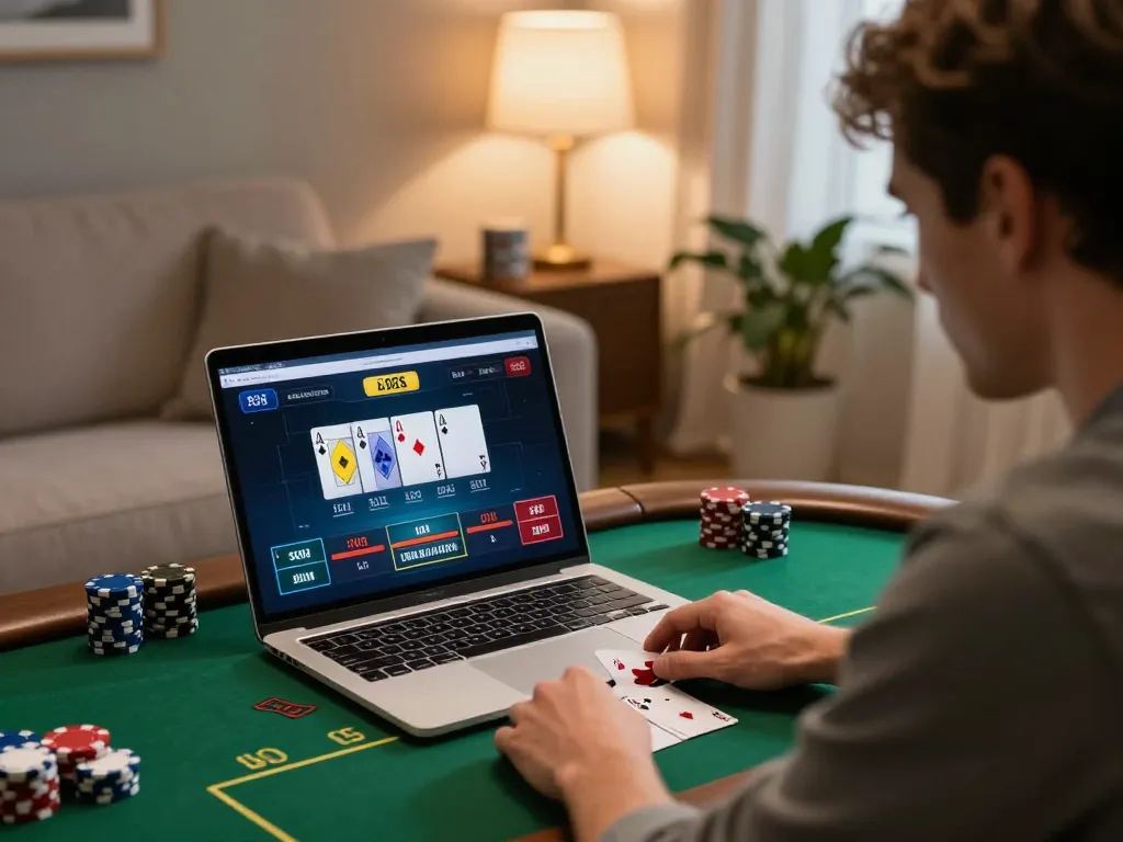 Player engaging in a strategic poker game on the 789Club online casino, showcasing a laptop and cozy home atmosphere.