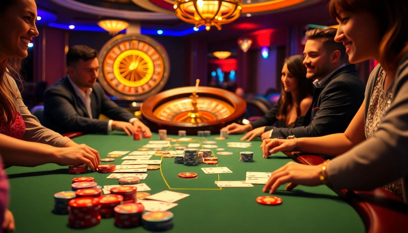 Betting excitement at a luxury casino featuring kèo nhà cái 5 on vibrant tables with poker chips and cards.