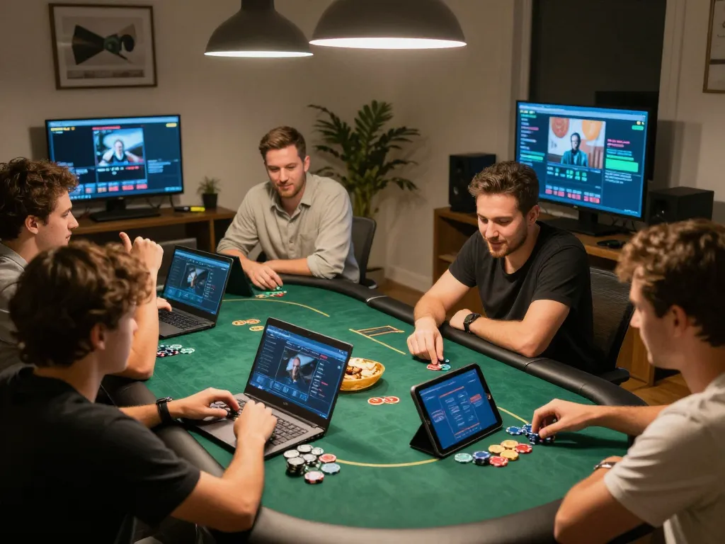Dola789 players enjoying an exhilarating online poker game in a cozy home gaming setup