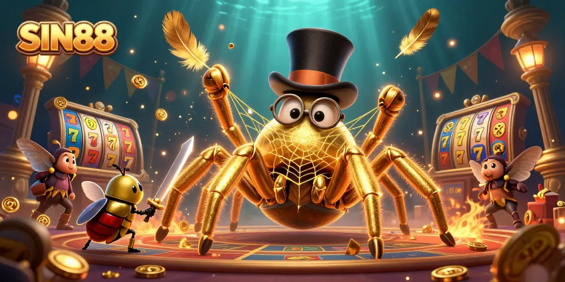SIN88 captivates with vibrant slot reels, a golden tarantula, and a brave beetle knight in action.