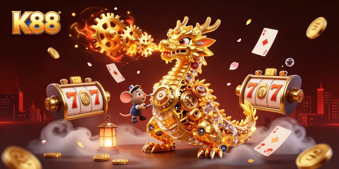 K88's captivating casino scene with a golden dragon and floating slot reels, ensuring excitement.