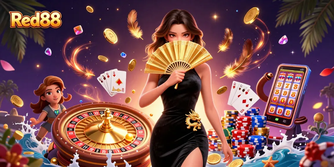 Red88 spins the wheel of fortune as golden coins cascade in this vibrant 3D casino illustration.