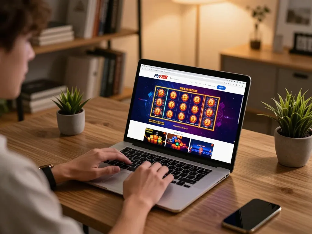 Experience online gambling excitement with fly88 viewing a vibrant casino interface at home