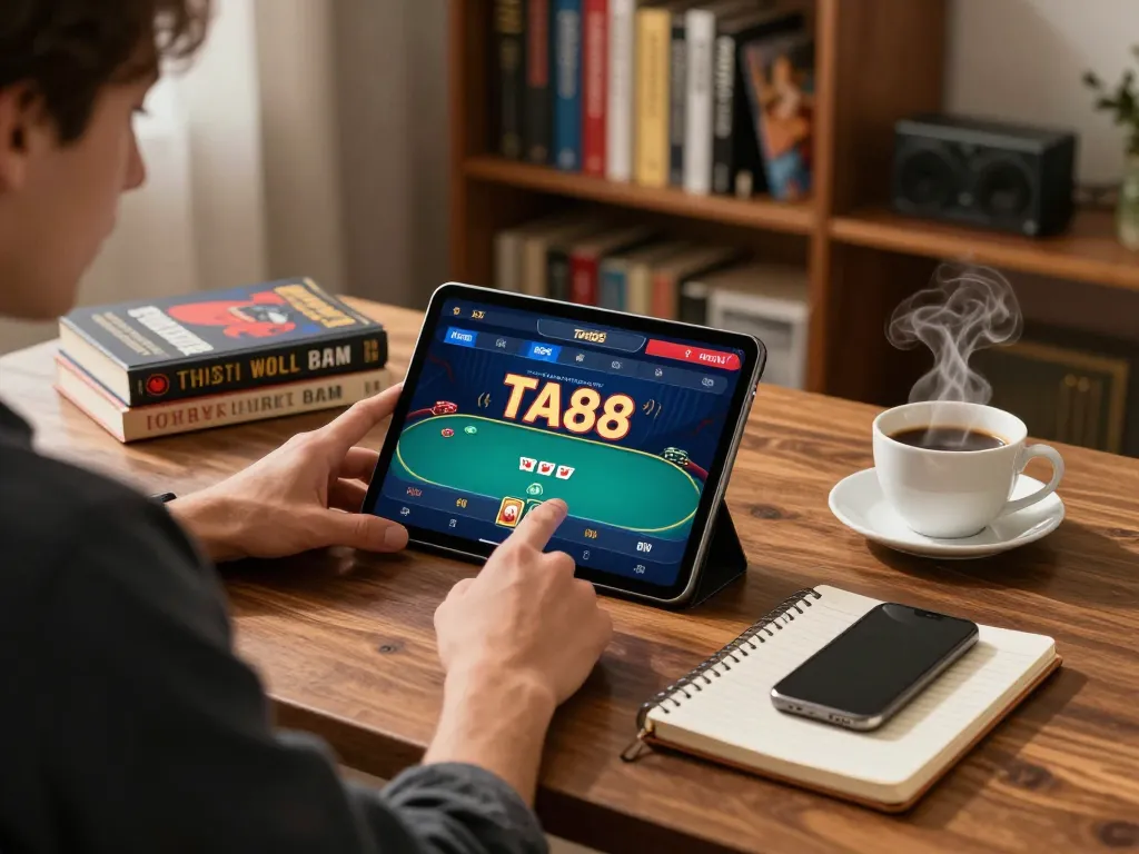 Player engaging with TA88 poker app on tablet in stylish home office setting.