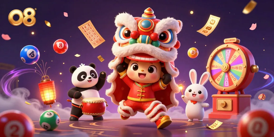 Experience the thrill of o8 with colorful lottery elements and festive characters in an exciting casino scene.