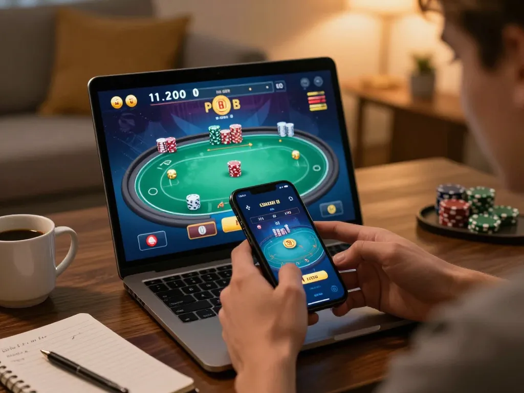 Person playing 555win on a smartphone at home with a cozy atmosphere