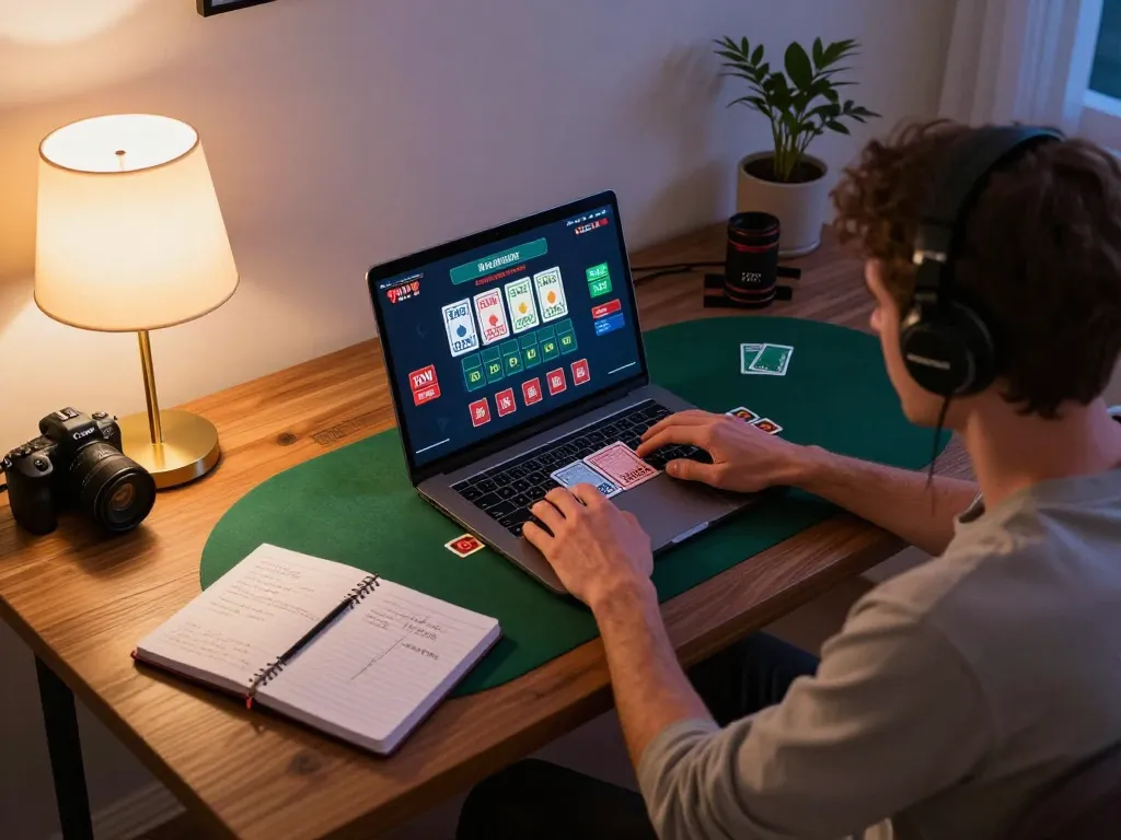 Hitclub player engaging in live dealer blackjack online with strategic insights at home.
