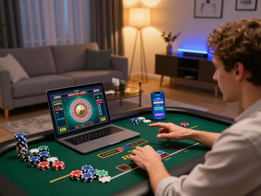 Player enjoying qq88 online roulette, vibrant home setup with laptop and smartphone.