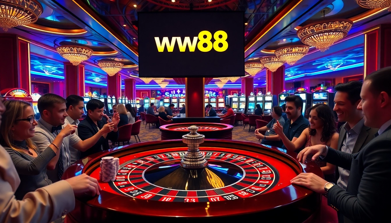 Experience the excitement of ww88 with players at a roulette table showcasing vibrant casino elements.
