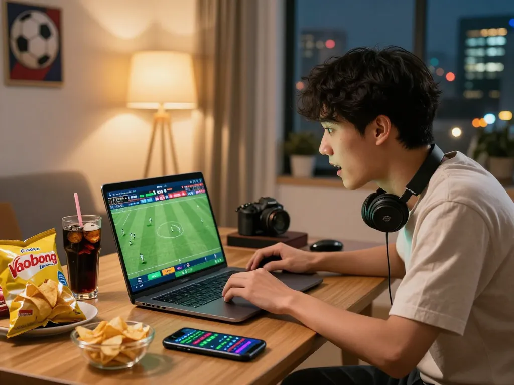 Engaged fan enjoying the vaobong 1gom betting experience while watching live football.