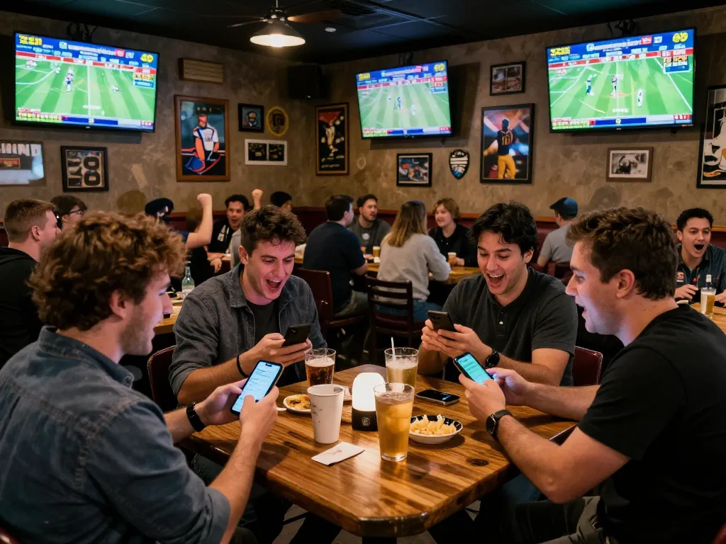 Bongdallu patrons engaging in live sports betting at a vibrant sports bar.