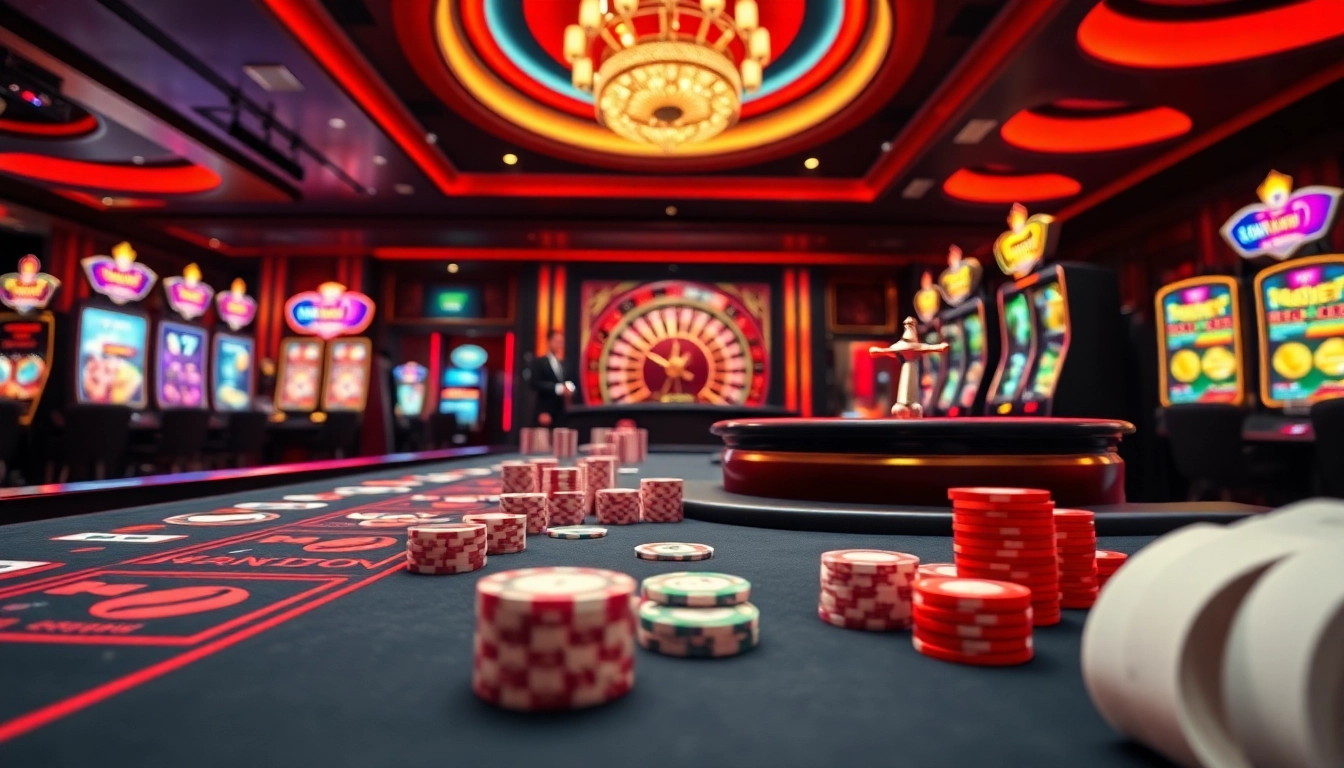 The excitement of đăng ký RR88 captured through vibrant casino visuals showcasing poker tables and slot machines.