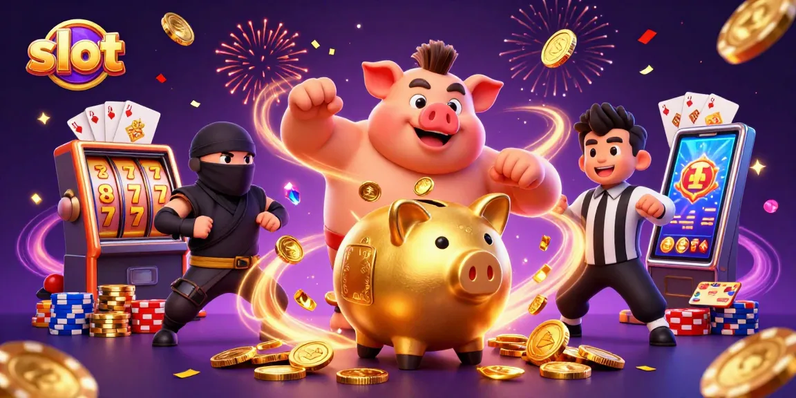 Spin to win at slots with a vibrant scene featuring a golden piggy bank sumo wrestler and dynamic game elements.