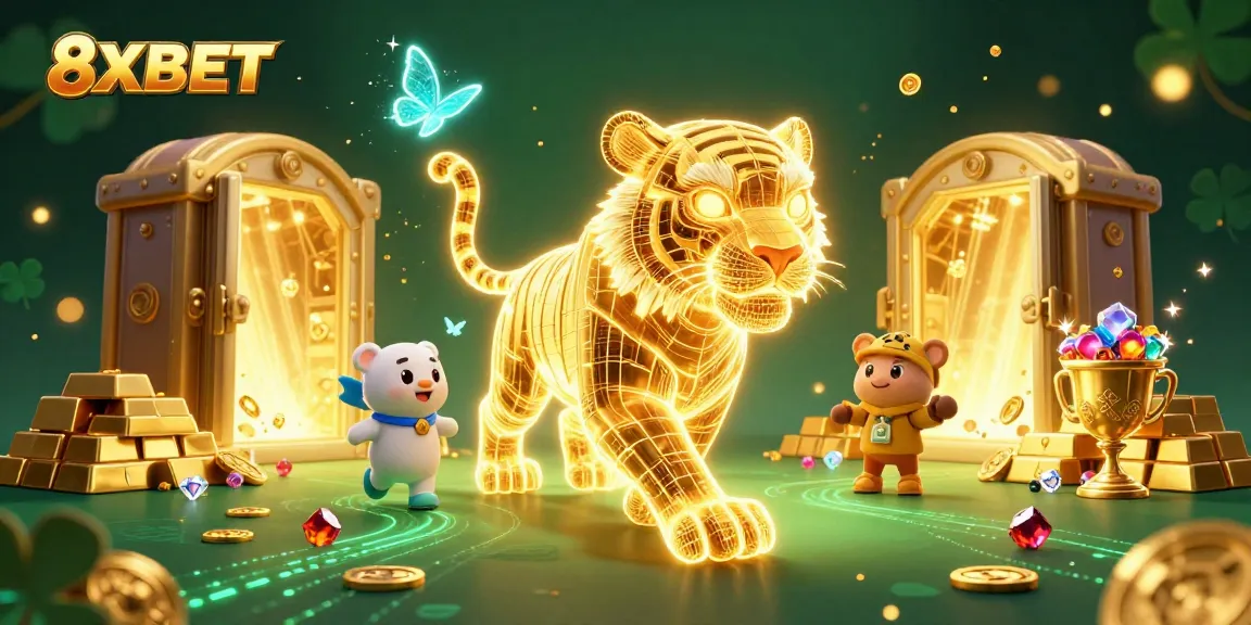 Experience the vibrant digital casino with 8XBET's neon tiger and treasures illuminating the way.