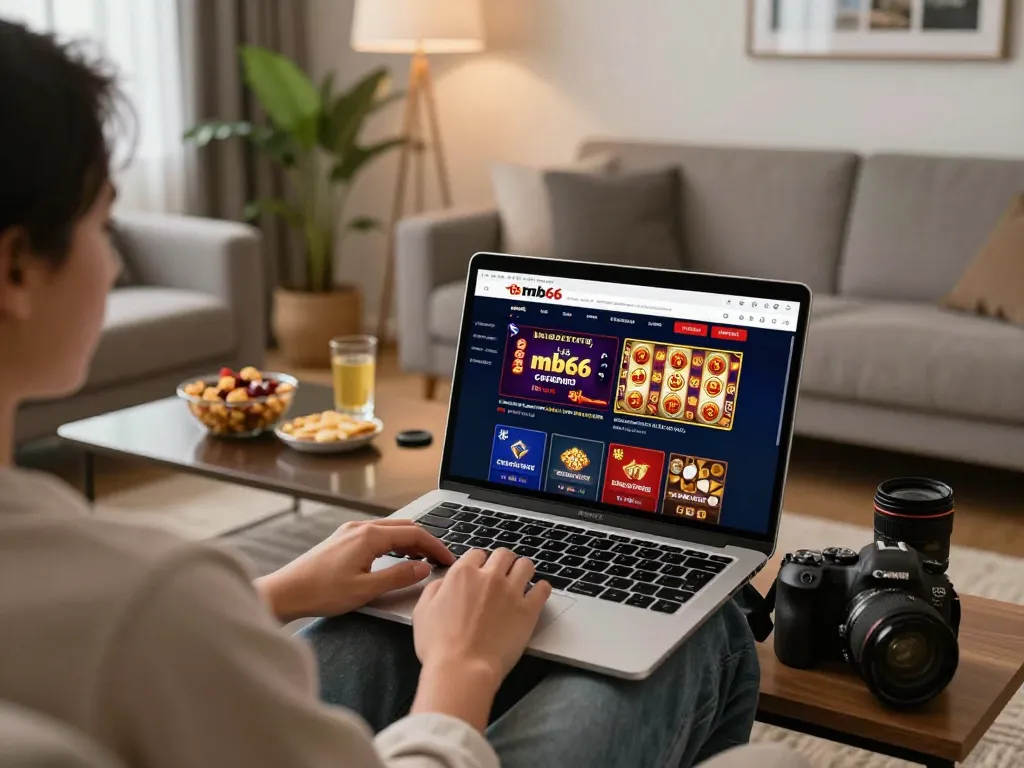 Experience exciting games at nhà cái mb66 with a cozy online gambling setup in a modern living room.
