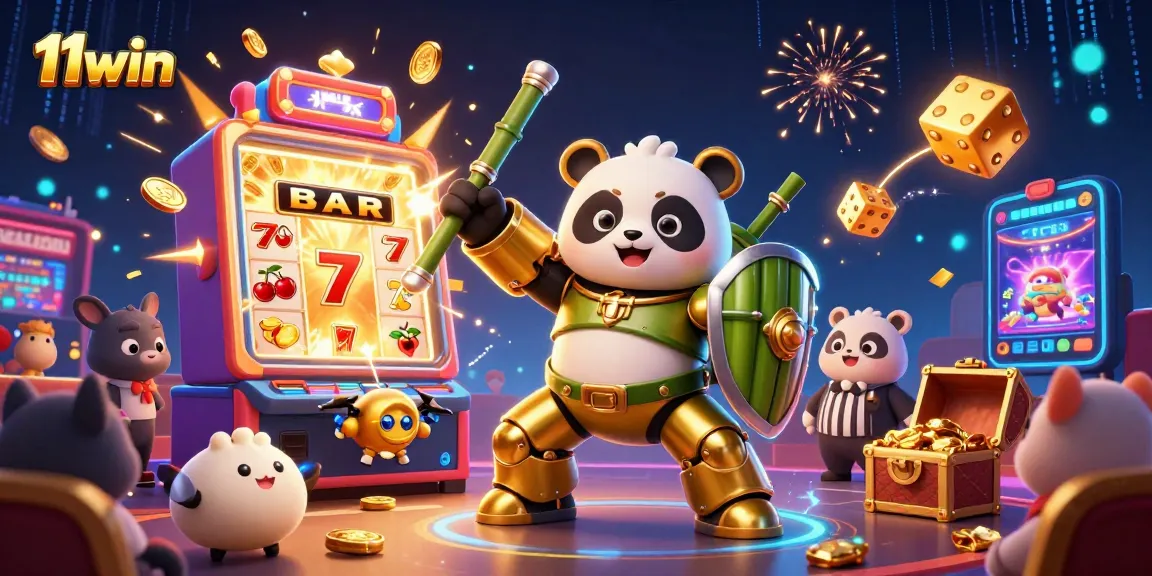 Engage in thrilling slot action with 11win's golden panda and vibrant casino scene.