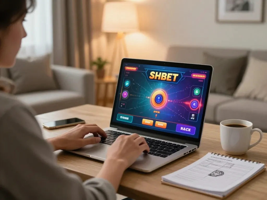 Engage with SHBET's online games in a cozy home setting with strategic focus and vibrant game display.