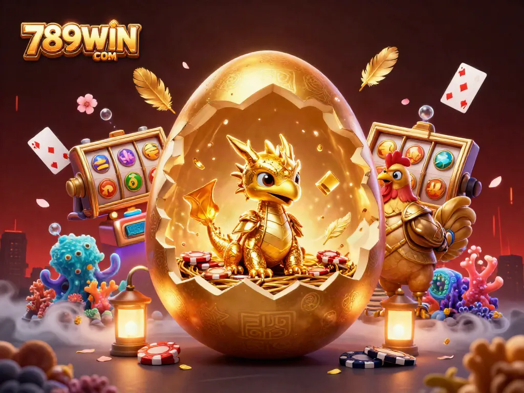Experience thrilling wins at 789WIN COM with this vibrant illustration featuring a golden dragon guarding jackpots and poker chips.