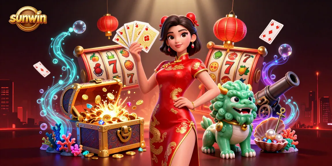 Winning at sunwin through vibrant 3D casino scene depicting exciting games and engaging characters.