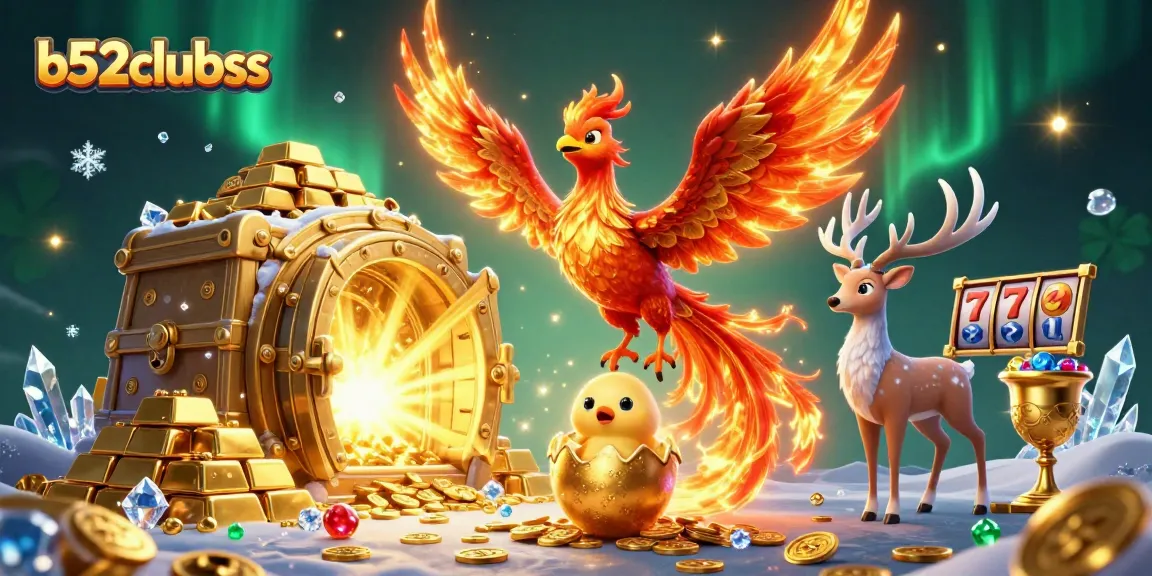 Experience b52clubss with a vibrant 3D illustration featuring a phoenix, gold treasures, and game symbols.