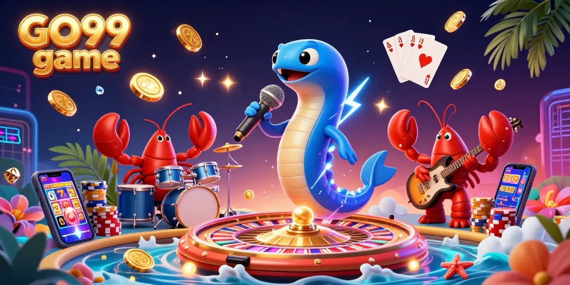 Join the fun at GO99 game with energetic characters showcasing casino thrills in a vibrant underwater scene.