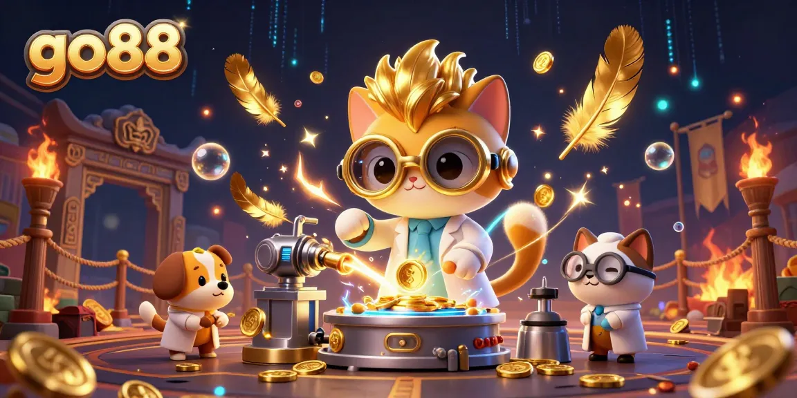Experience go88 excitement with a cartoon scientist creating gold in a vibrant casino lab.