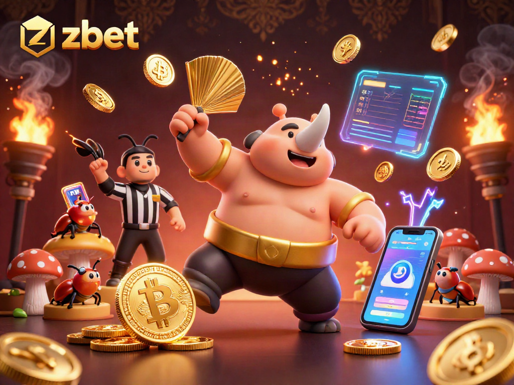 Zbet game action with vibrant beetle characters amidst flying coins and NFT displays.