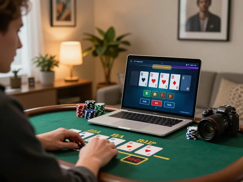 FC88 player enjoys live blackjack on laptop at home, showcasing strategic betting and cozy atmosphere.