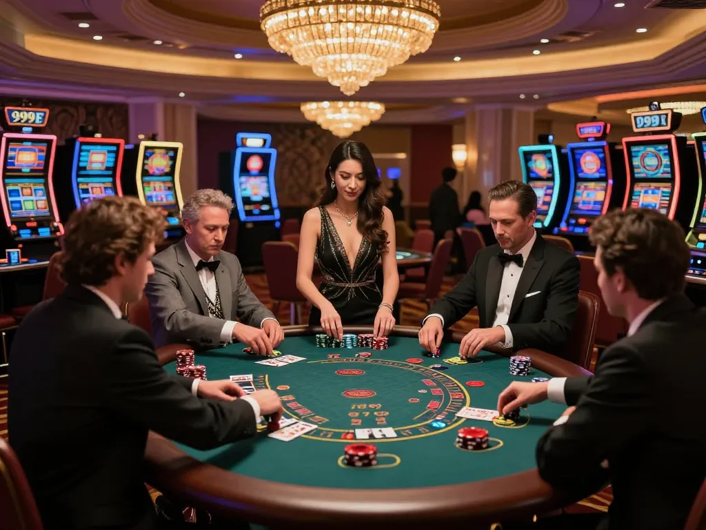 Players engaging in an exciting blackjack game at 999E casino, showcasing a vibrant atmosphere.