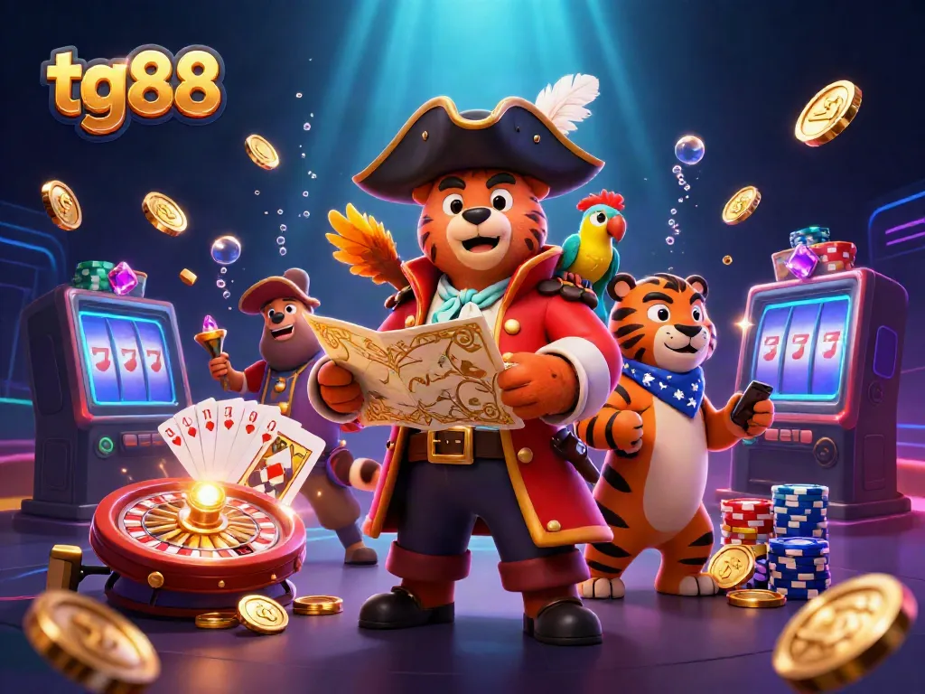 Play thrilling games at tg88 with energetic casino elements featuring a bear, tiger, and parrot in a vibrant scene.