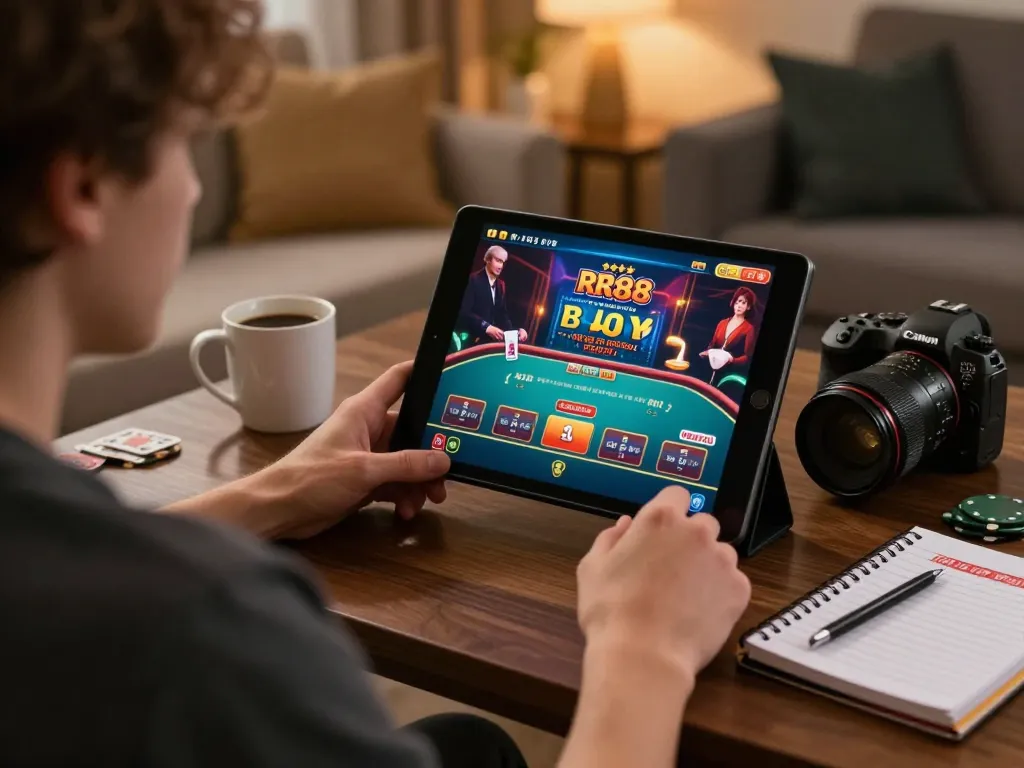 Engaging scene of online gaming at RR88 Wales, showcasing a player using a tablet for poker