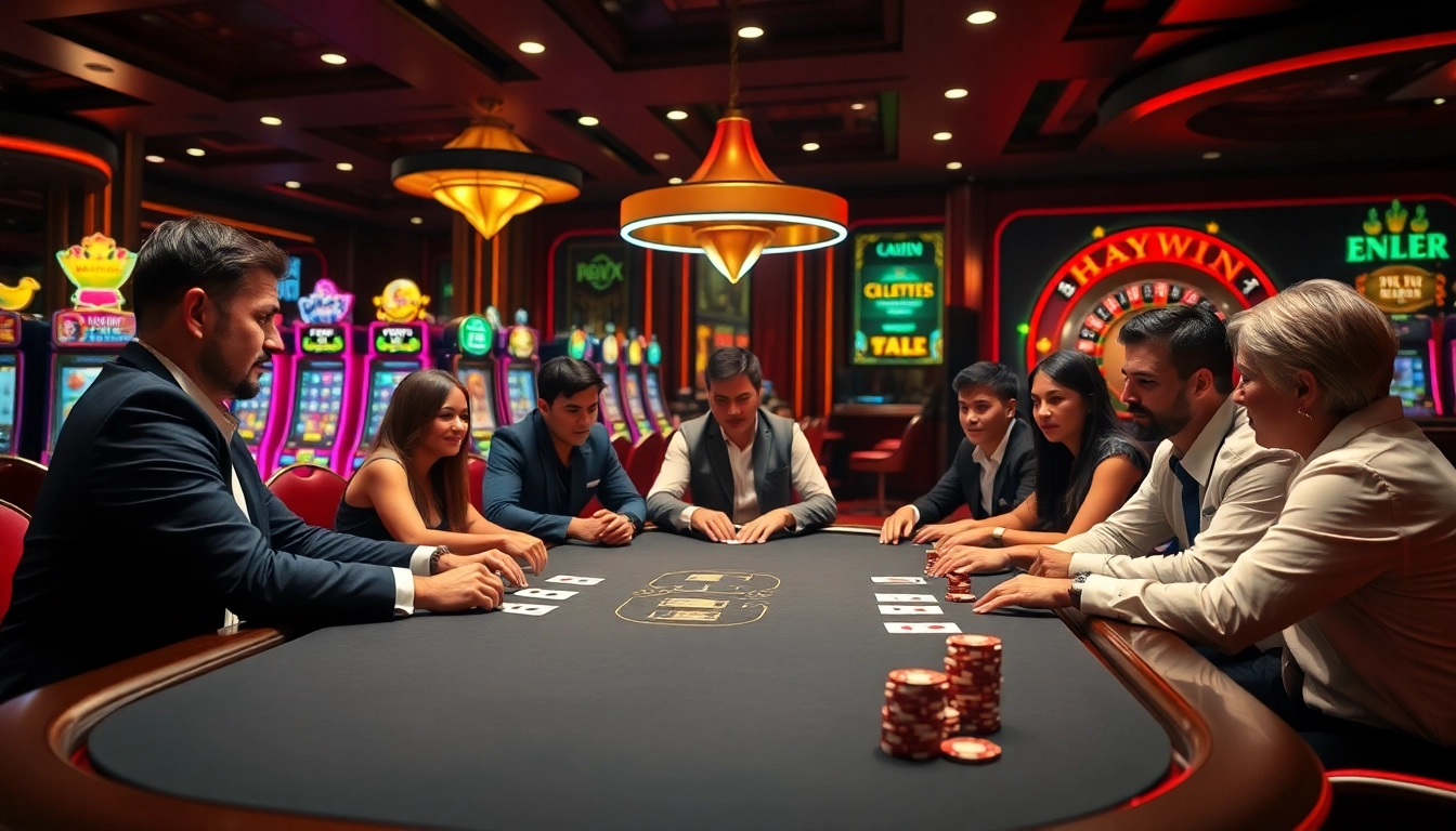 Excited players engaged in a high-stakes poker game at Haywin casino, illuminated by rich, warm lighting.