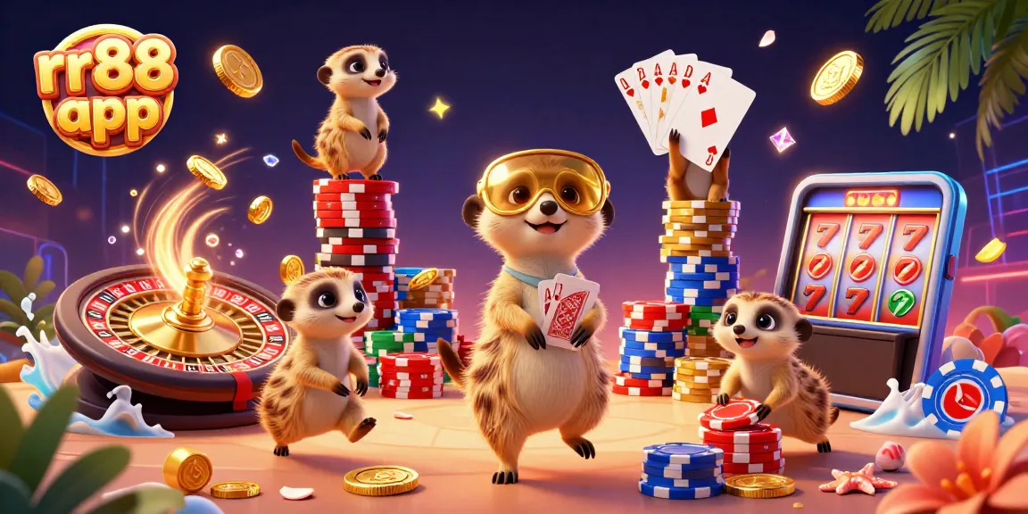 Experience the excitement of the rr88 app with meerkats in a vibrant casino scene filled with golden chips and roulette action.