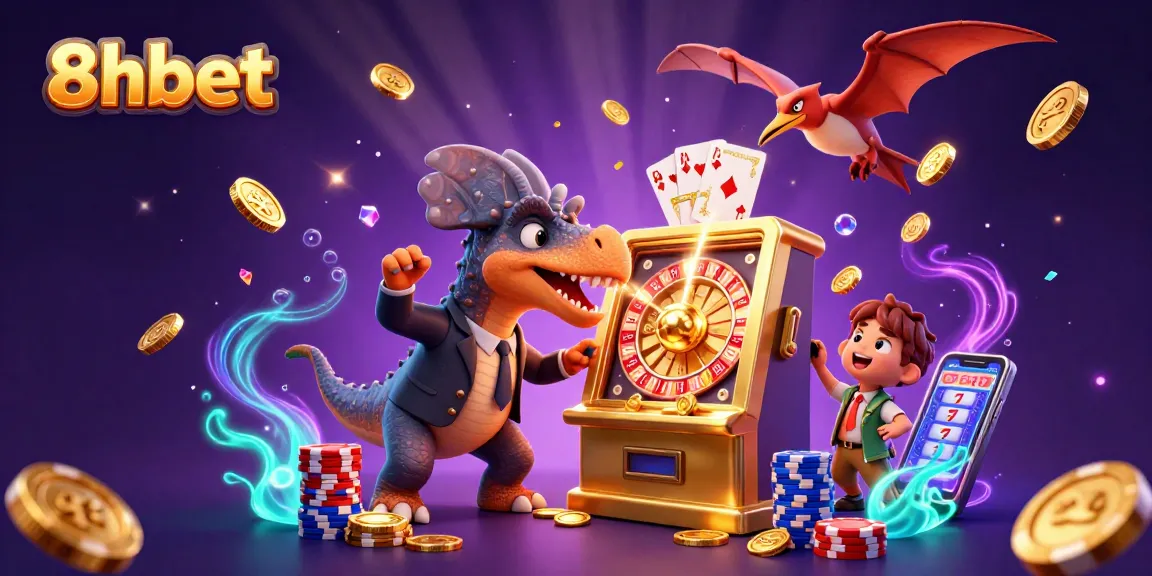 8xbet brings excitement as a pachycephalosaurus wins jackpot coins from a golden slot machine in a vibrant casino scene.