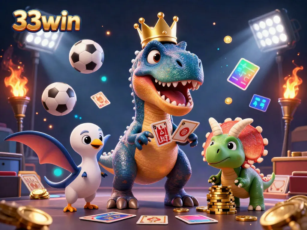 33win features a playful T-Rex and friends engaging in gambling activities surrounded by sports elements.