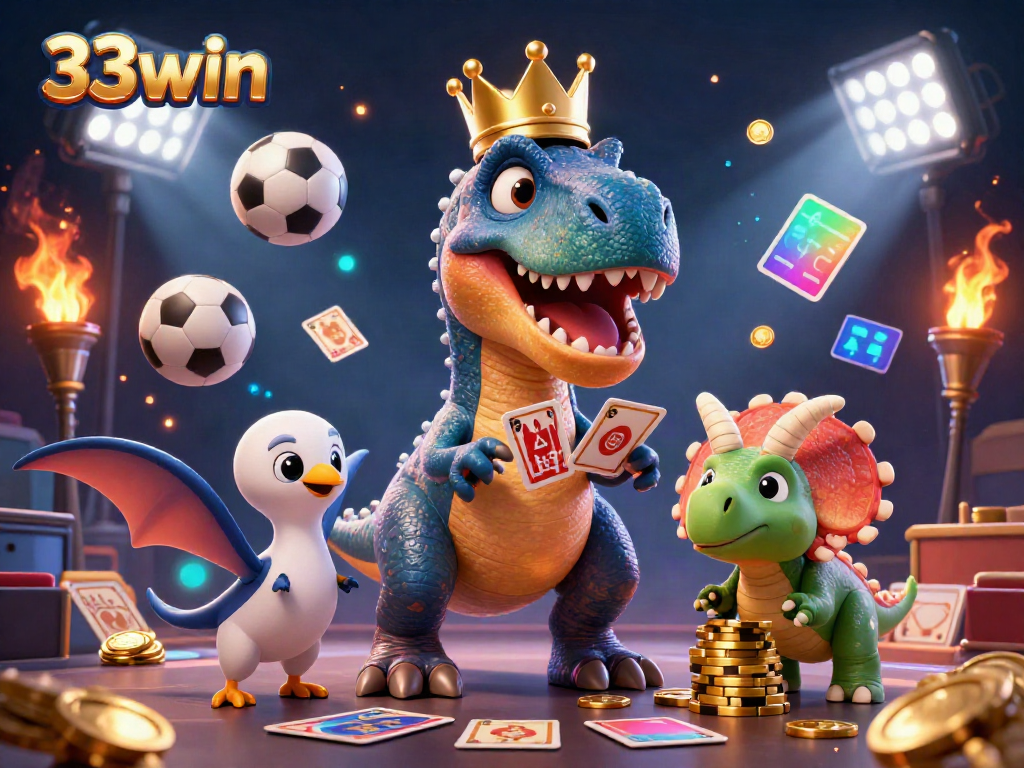 33win features a playful T-Rex and friends engaging in gambling activities surrounded by sports elements.