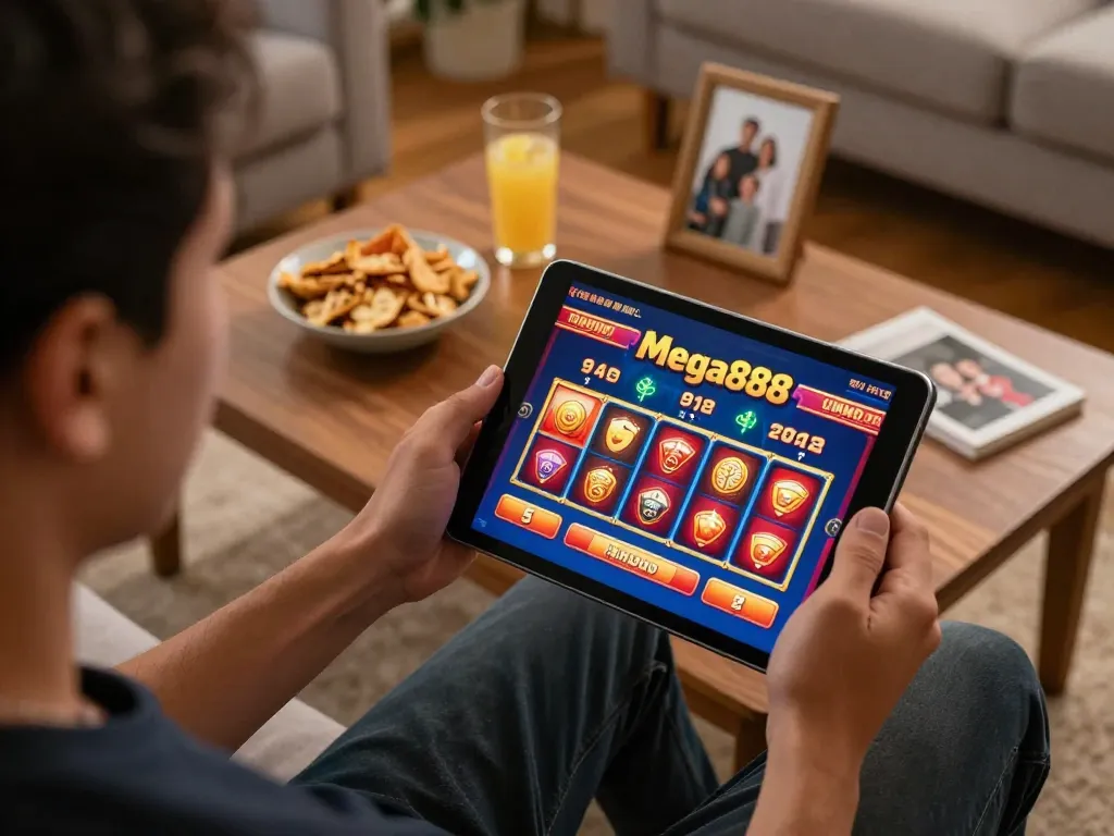 Login Mega888 as a player engages with online gaming on a tablet at home.