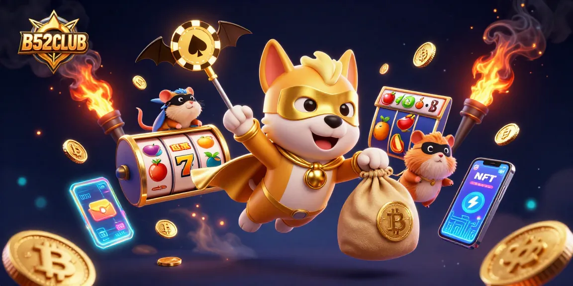 B52CLUB superhero dog and sidekick create excitement in a vibrant casino scene.